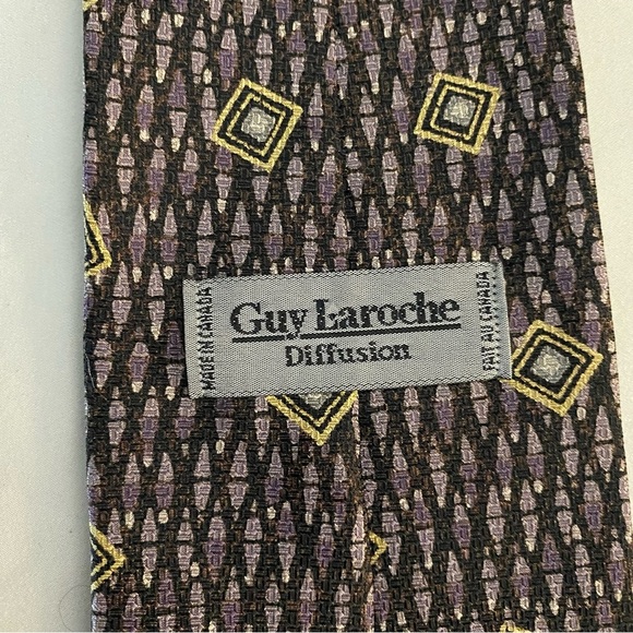 GUY LAROCHE Silk Tie MADE IN CANADA Purple & Gold Geometric Pattern Designer - Picture 2 of 5
